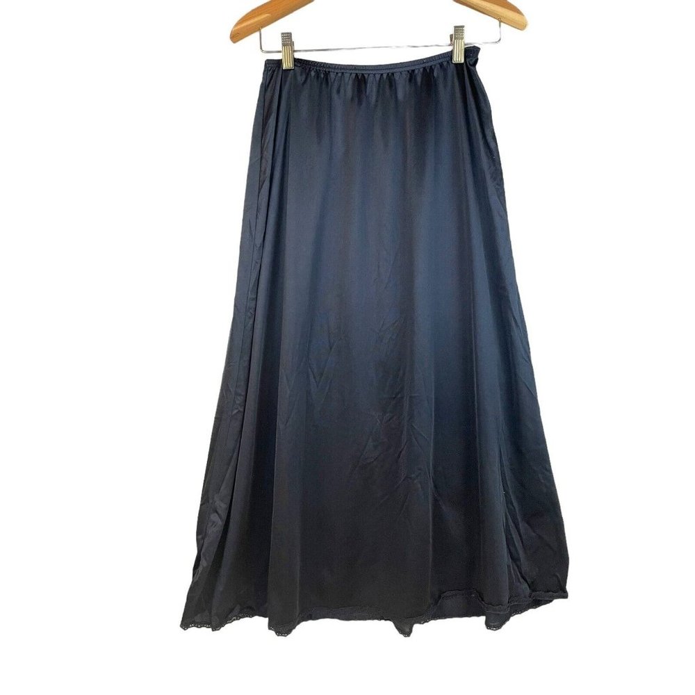 Vanity Fair Half Slip Size Medium-Large Black Nylon Lace Trim Elastic Waist VTG - Picture 1 of 7